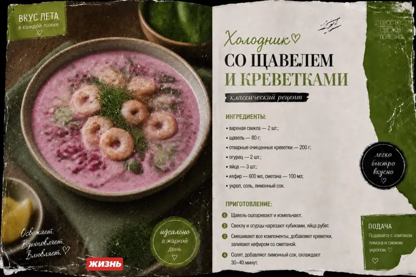 Холодник со щавелем и креветками. Коллаж: Сорокина Екатерина