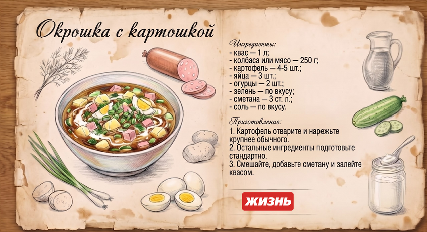 Окрошка с картошкой. Коллаж: Сорокина Екатерина, фото сгенерировано нейросетью Nano Banana