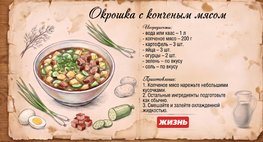 Окрошка с копченым мясом. Коллаж: Сорокина Екатерина, фото сгенерировано нейросетью Nano Banana