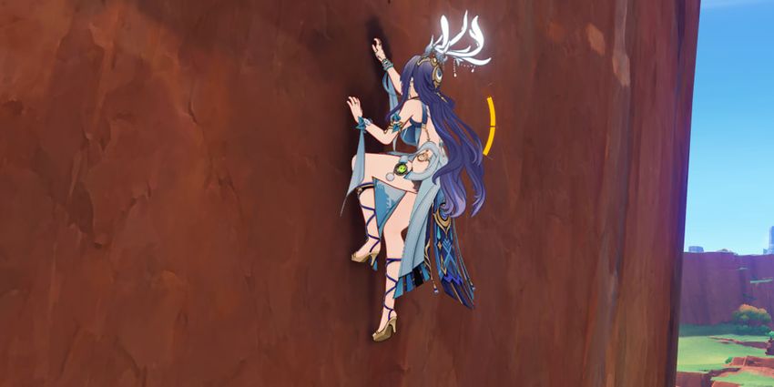 Скриншот из игры Genshin Impact с демонстрацией персонажа на шпильках, забирающегося на гору. Фото: соцсети