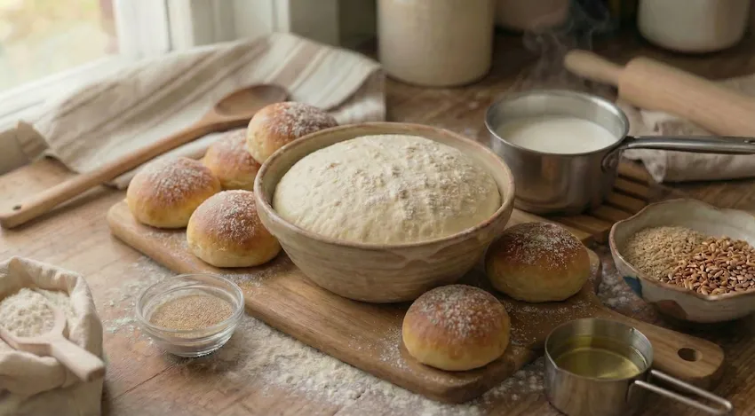 Дрожжевое тесто для булочек. Фото сгенерировано нейросетью Nano Banana