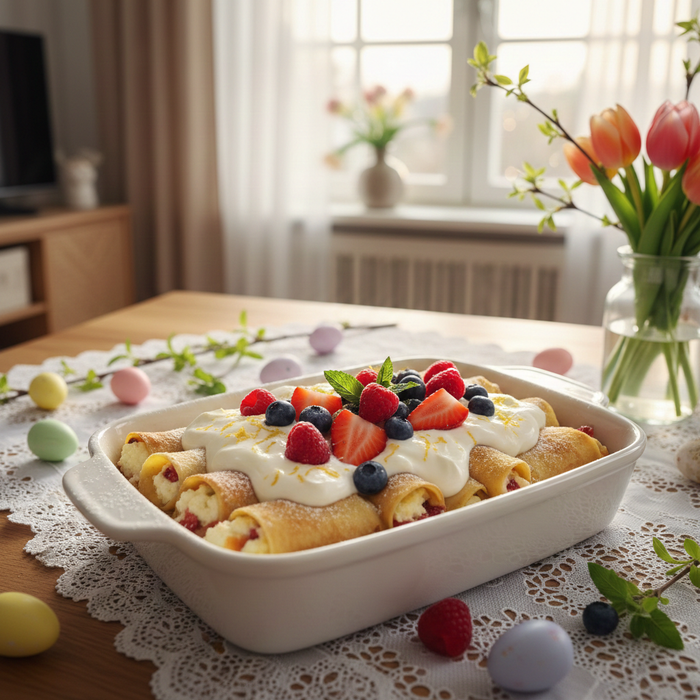 Сладкие блинчики-каннеллони с творогом и ягодами. Фото сгенерировано нейросетью Nano Banana