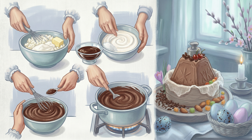 Шоколадная творожная пасха. Коллаж: Сорокина Екатерина, фото сгенерировано нейросетью Nano Banana
