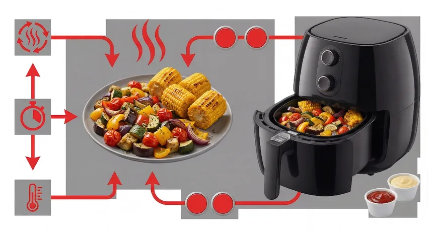 Овощи и гарниры в аэрогриле. Фото сгенерировано нейросетью Nano Banana