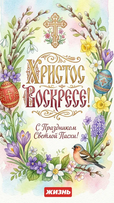 Открытка на Пасху. Коллаж: Сорокина Екатерина, фото сгенерировано нейросетью Nano Banana