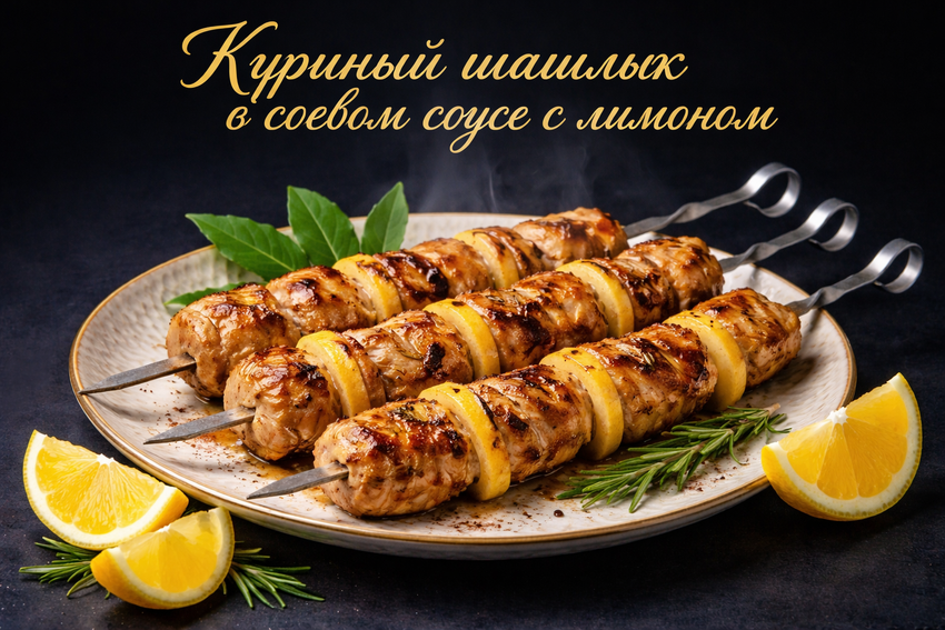 Куриный шашлык в соевом соусе с лимоном. Фото сгенерировано нейросетью GPT Images