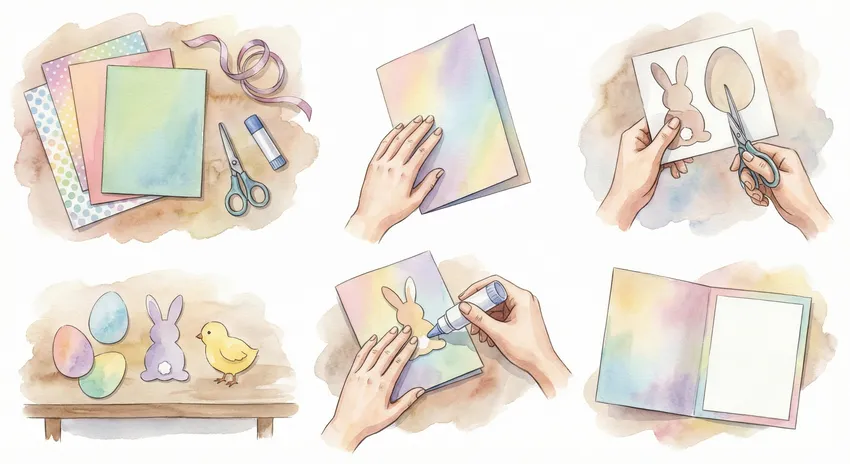 Как сделать открытку своими руками на Пасху. Коллаж: Сорокина Екатерина, фото сгенерировано нейросетью Nano Banana