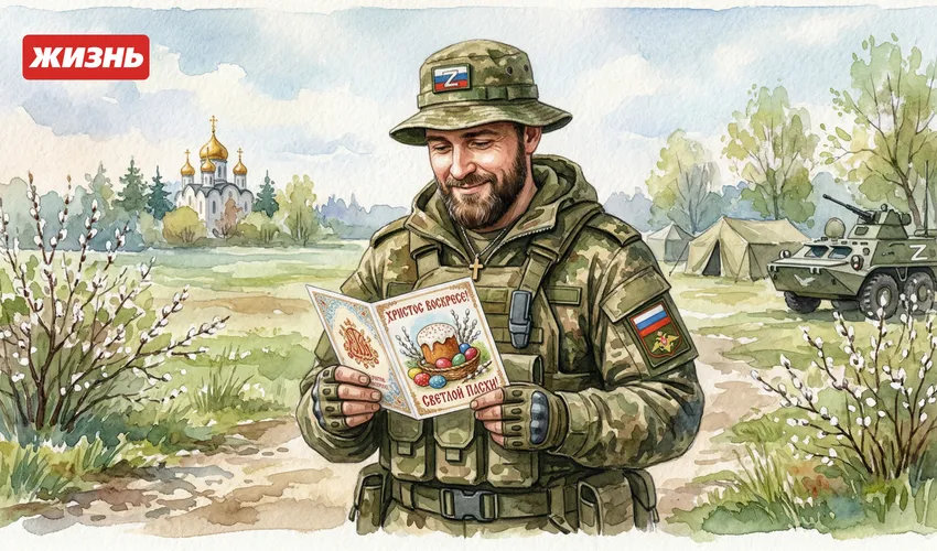 Поздравления солдату с Пасхой. Коллаж: Сорокина Екатерина, фото сгенерировано нейросетью Nano Banana