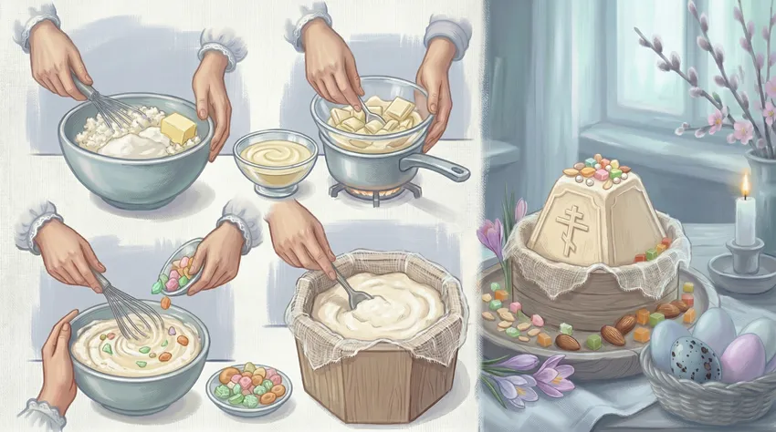 Творожная пасха с белым шоколадом. Коллаж: Сорокина Екатерина, фото сгенерировано нейросетью Nano Banana