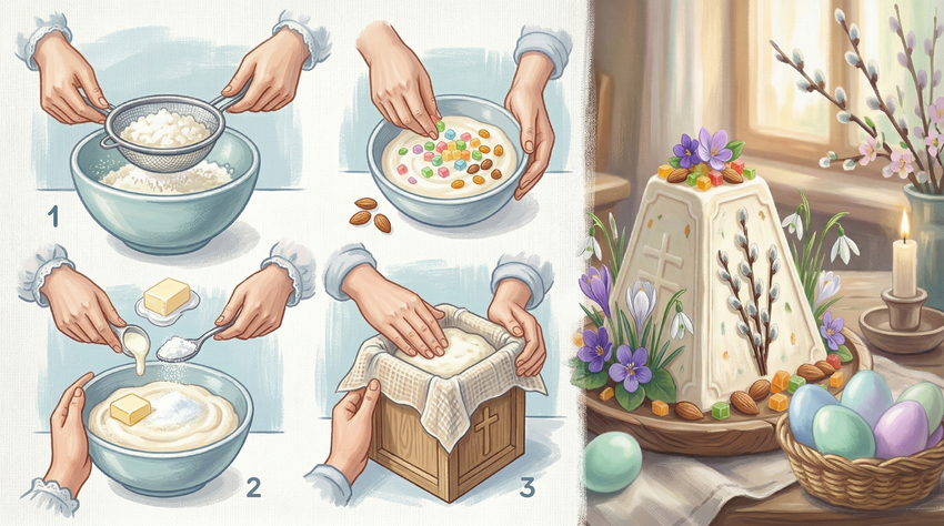 Простой рецепт вкусной творожной пасхи. Коллаж: Сорокина Екатерина, фото сгенерировано нейросетью Nano Banana
