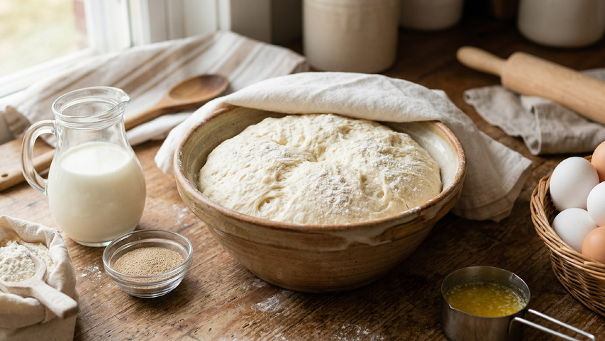 Дрожжевое тесто на молоке. Фото сгенерировано нейросетью Nano Banana