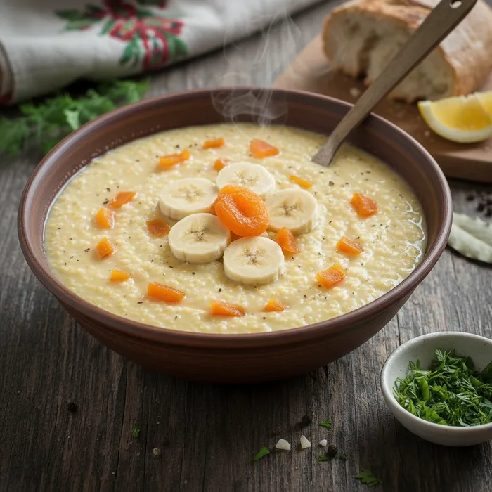 Банановая пшенная каша на растительном молоке. Фото сгенерировано нейросетью Nano Banana