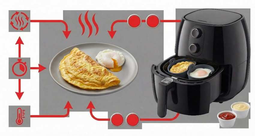 Омлет и другие блюда из яиц в аэрогриле. Фото сгенерировано нейросетью Nano Banana