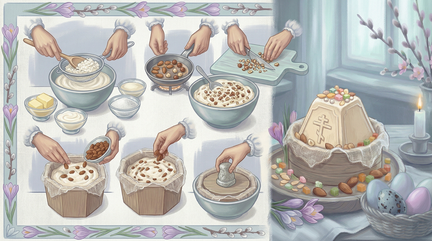Ореховая творожная пасха. Коллаж: Сорокина Екатерина, фото сгенерировано нейросетью Nano Banana