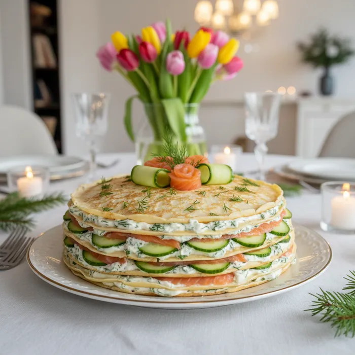 Блинный торт со сливочным сыром и слабосоленой рыбой. Фото сгенерировано нейросетью Nano Banana
