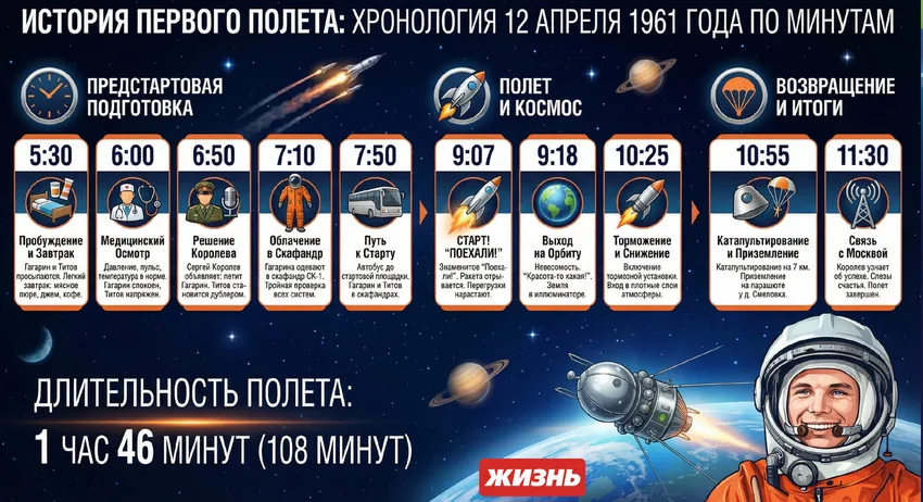 Хронология первого полета Гагарина в космос 12 апреля 1961 года. Коллаж: Сорокина Екатерина