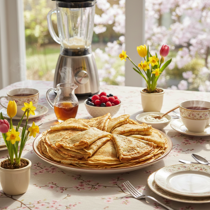 Быстрые блины «все в блендер» на кипятке. Фото сгенерировано нейросетью Nano Banana