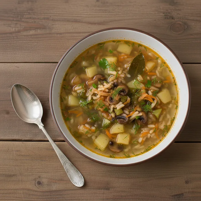 Постный рассольник с грибами. Фото сгенерировано нейросетью Nano Banana