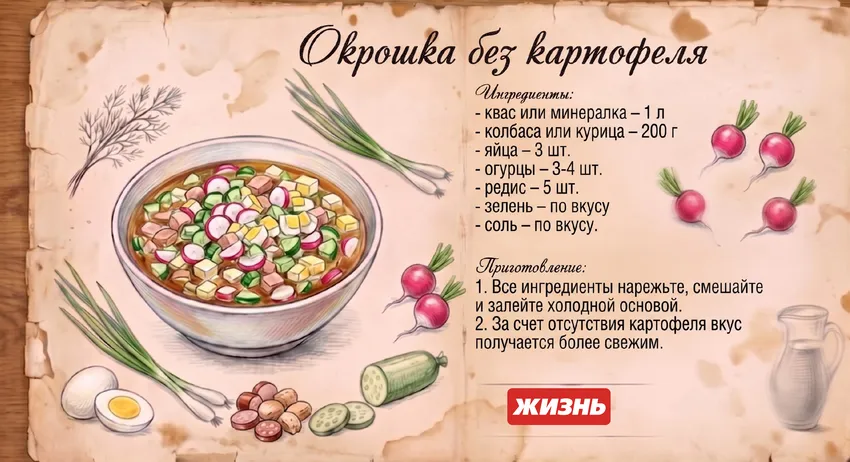 Окрошка без картофеля. Коллаж: Сорокина Екатерина, фото сгенерировано нейросетью Nano Banana