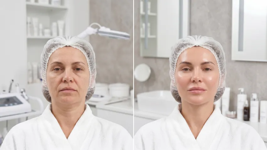 Лицо до и после процедуры буккальского массажа. Фото сгенерировано нейросетью Nano Banana 