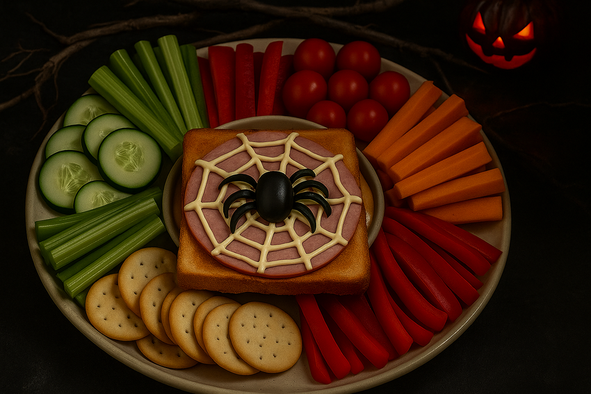 Закуска «Бутерброды с паутиной и пауками». Фото сгенерировано нейросетью GPT-Image