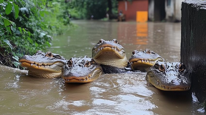 В Индии река с крокодилами затопила город: рептилии бродят по улицам. Фото сгенерировано нейросетью midjourney.com по материалам статьи