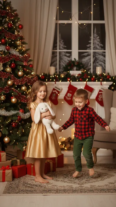 В детском новогоднем образе нужно не просто красиво стоять на фото, а бегать, прыгать, играть и чувствовать себя свободно. Фото сгенерировано нейросетью Nano Banana