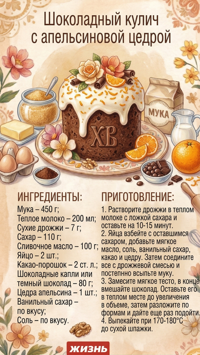 Шоколадный кулич с апельсиновой цедрой. Коллаж: Сорокина Екатерина, фото сгенерировано нейросетью Nano Banana