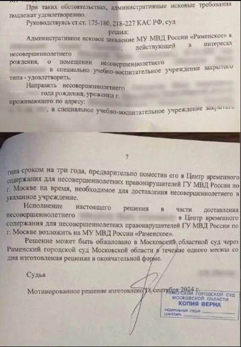 Решение об определении несовершеннолетних в особое учреждение закрытого типа. Фото: vk.com/artmetelev