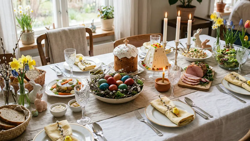 Сервировка пасхального стола. Фото сгенерировано нейросетью Nano Banana