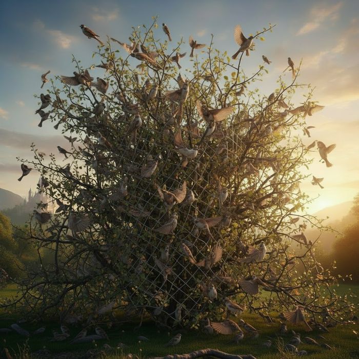 Под Благовещенском туристы из Китая ловили воробьев в сети, чтобы их съесть. Фото сгенерировано нейросетью Perplexity по материалам статьи.