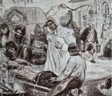 Иллюстрация работы В. Н. Курдюмова к энциклопедическому изданию «Великая реформа», на которой изображены истязания Салтычихи