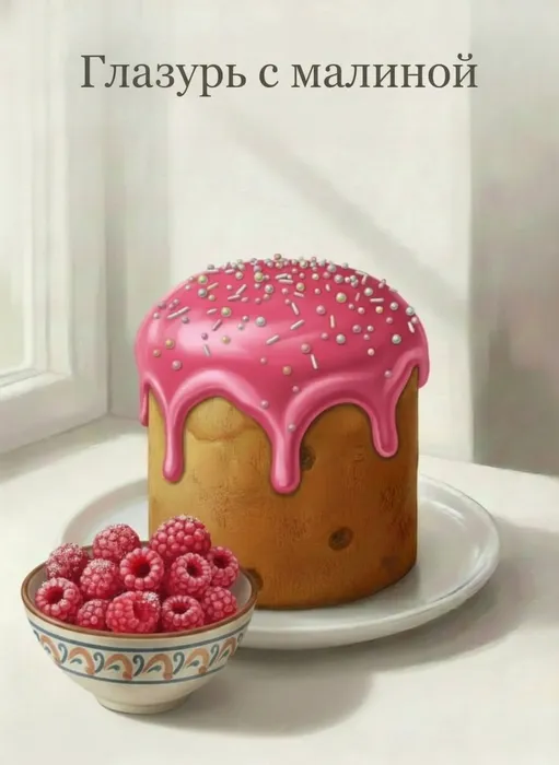 Розовая глазурь с малиной для кулича. Фото сгенерировано нейросетью Nano Banana