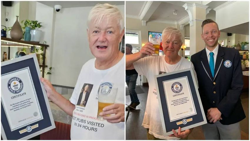 69-летний пенсионер Дэвид Кларксон посетил 120 пивных баров за 24 часа и пил коктейли в каждом из них. Фото: guinnessworldrecords.com