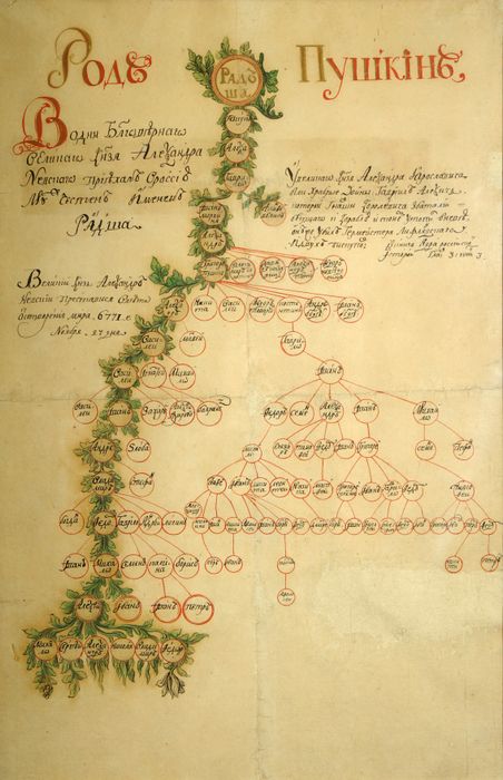 Родословное древо Пушкиных, (акварель, неизвестный художник, начало XIX века; центральный музей А. С. Пушкина). Фото: wikipedia.org