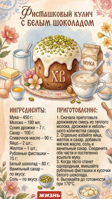 Фисташковый кулич с белым шоколадом. Коллаж: Сорокина Екатерина, фото сгенерировано нейросетью Nano Banana