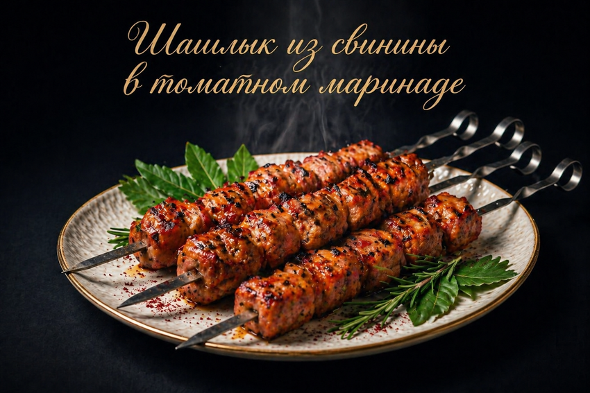 Шашлык из свинины в томатном маринаде. Фото сгенерировано нейросетью GPT Images