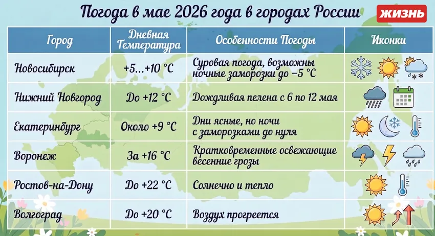 Погода на май 2026 года в городах России. Коллаж: Сорокина Екатерина