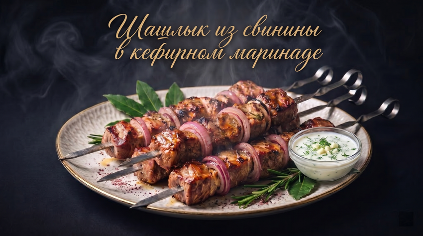 Шашлык из свинины в кефирном маринаде. Фото сгенерировано нейросетью GPT Images