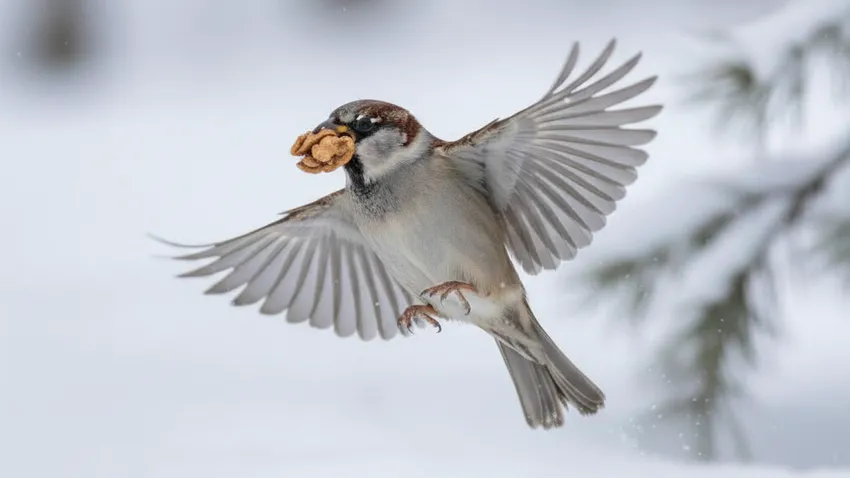 Птицам можно есть семечки, овсяные хлопья, орехи, зерновые смеси, ягоды и фрукты, подсушенный белый хлеб. Фото сгенерировано нейросетью Nano Banana