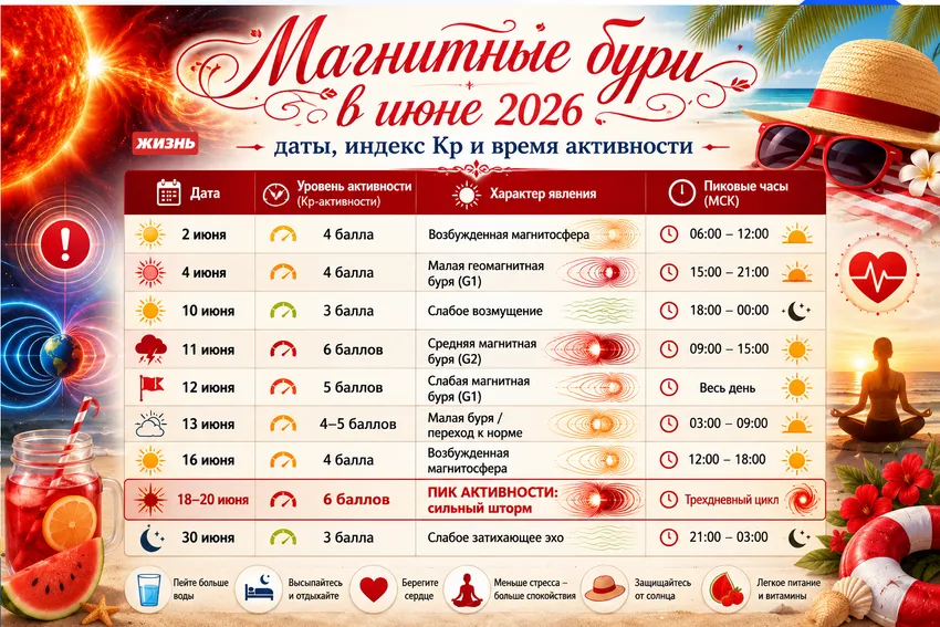 Магнитные бури в июне 2026 года: точный прогноз по дням и часам. Коллаж: Сорокина Екатерина