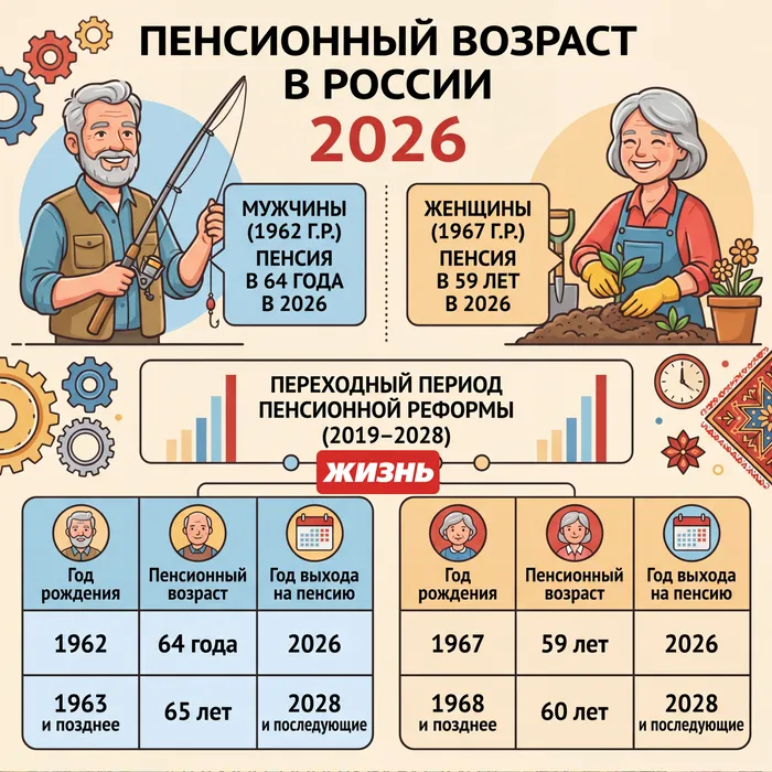 Пенсионный возраст в 2026 году: таблица по датам рождения мужчин и женщин. Коллаж: Сорокина Екатерина