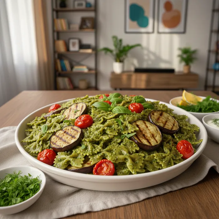 Паста с песто и овощами. Фото сгенерировано нейросетью Nano Banana