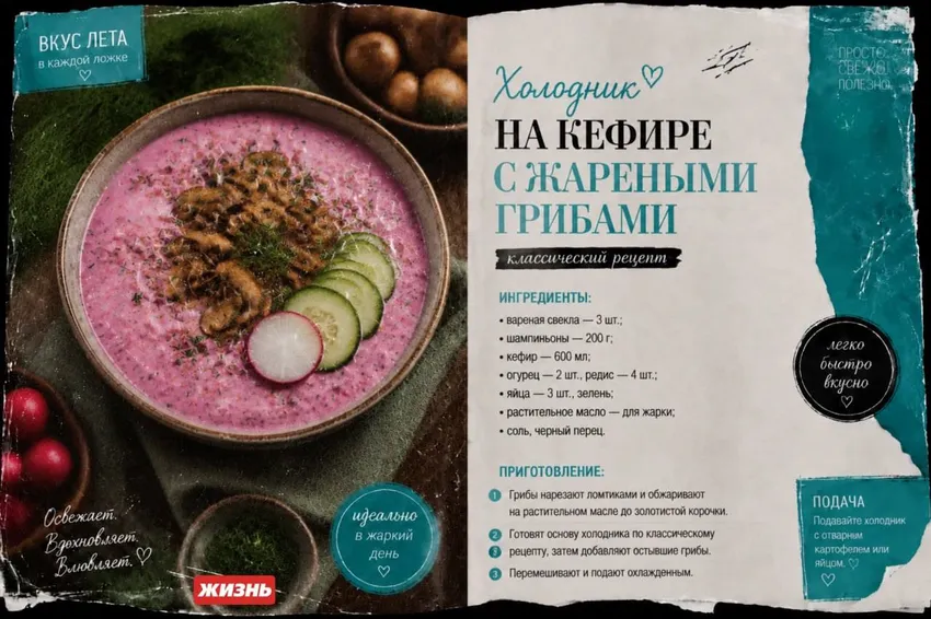 Холодник на кефире с жареными грибами. Коллаж: Сорокина Екатерина