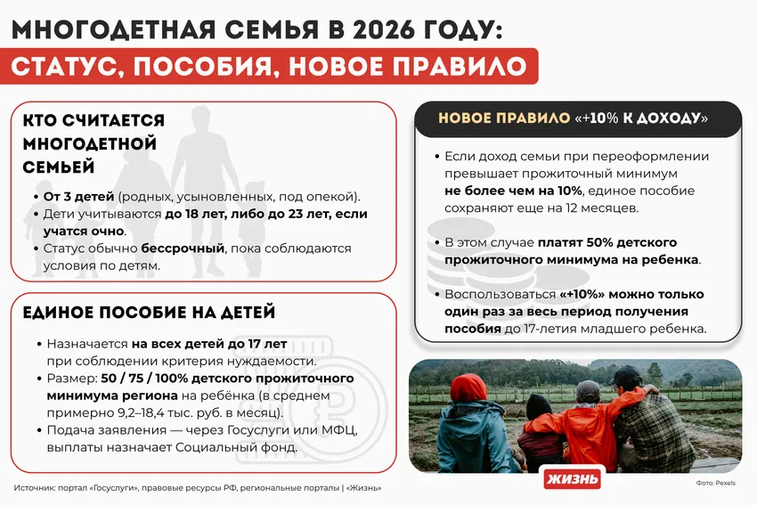 Многодетная семья в 2026 году: статус, пособия, новое правило. Коллаж: Гавришева Анна