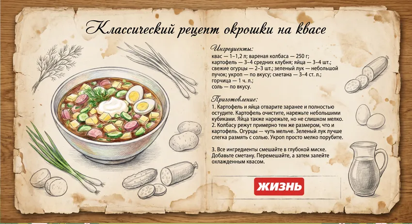 Классический рецепт окрошки с колбасой на квасе. Коллаж: Сорокина Екатерина, фото сгенерировано нейросетью Nano Banana