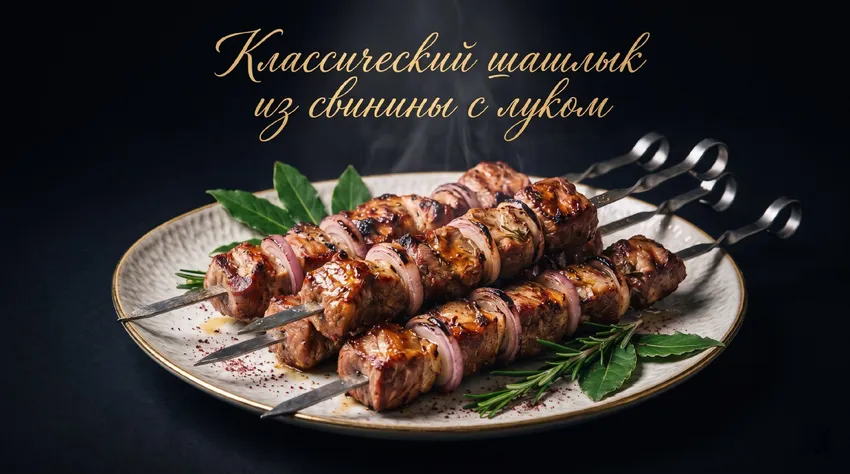 Классический шашлык из свинины с луком. Фото сгенерировано нейросетью GPT Images