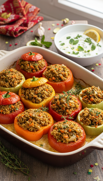 Фаршированные новогодние овощи. Фото сгенерировано нейросетью Nano Banana