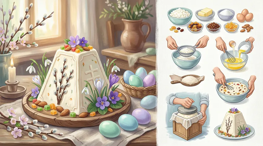 Классический рецепт творожной пасхи. Коллаж: Сорокина Екатерина, фото сгенерировано нейросетью Nano Banana