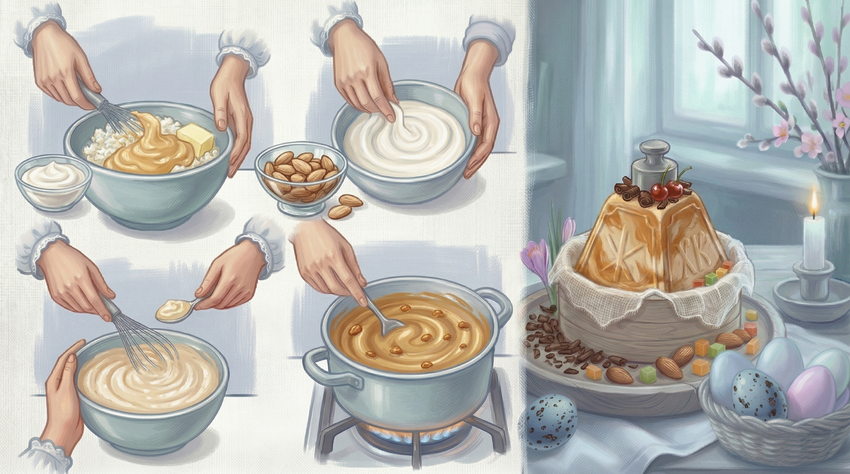 Творожная пасха с вареной сгущенкой. Коллаж: Сорокина Екатерина, фото сгенерировано нейросетью Nano Banana